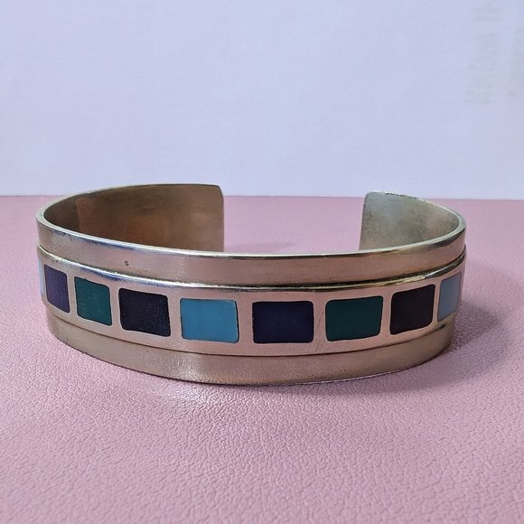 Silver bracelet cuff, with turquoise - Picture 1 of 5